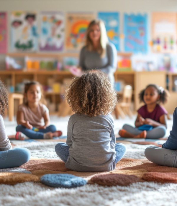 A group of children sitting in a circle on the floor in a classroom with a teacher.